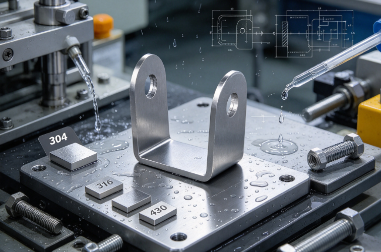 Stainless steel stamping bracket with 304 316 430 material samples corrosion test droplets bolts and engineering drawing.